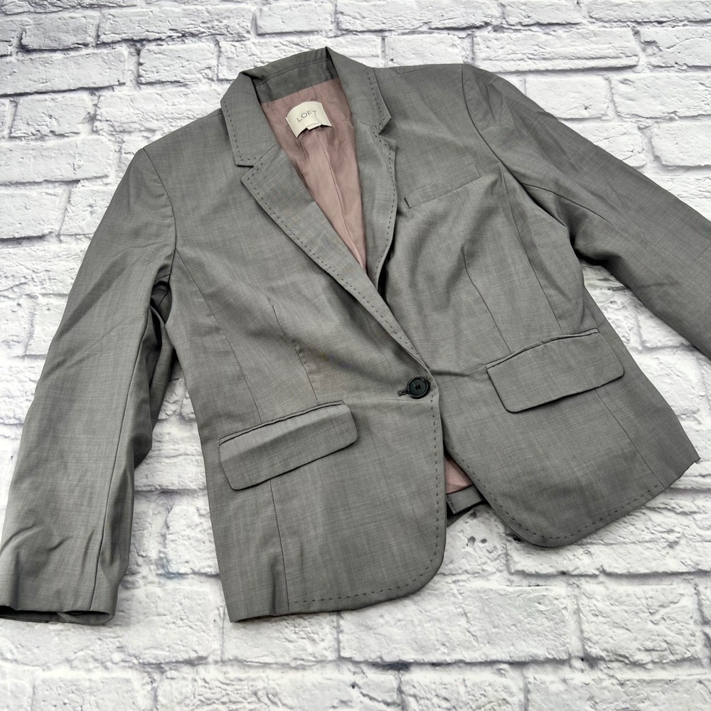 Loft Womens Grey 100% Wool Single Button Pick Stitch Blazer Jacket Size 6